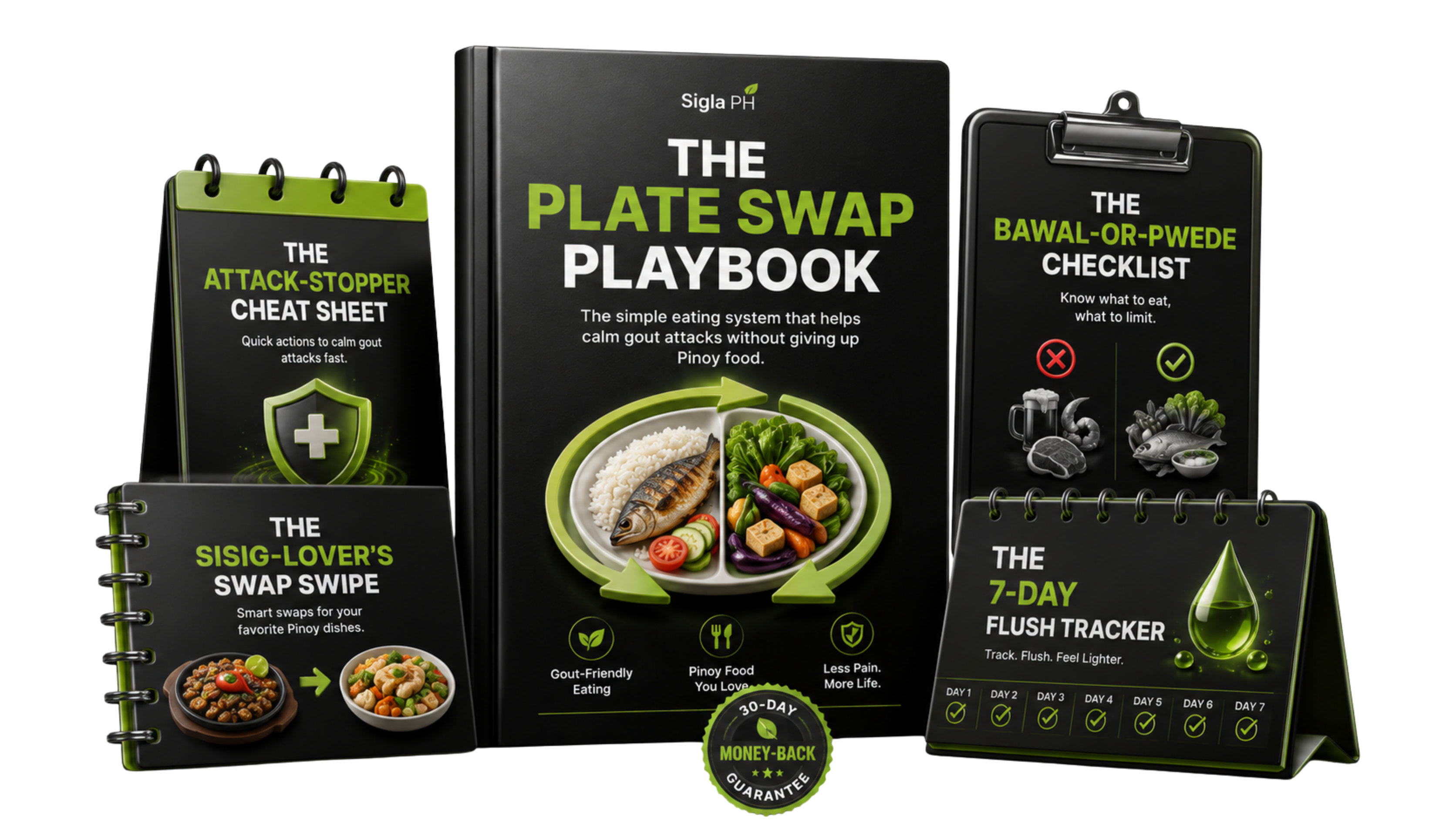 The Plate Swap Playbook plus 4 free bonuses: the Attack-Stopper Cheat Sheet, the Bawal-or-Pwede Checklist, the Sisig-Lover's Swap Swipe, and the 7-Day Flush Tracker.
