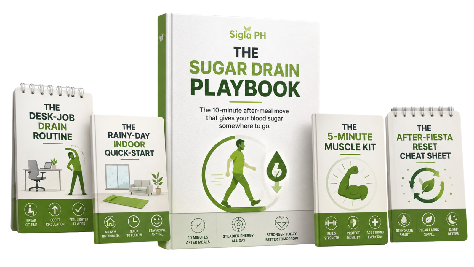 The Sugar Drain Playbook plus 4 free bonuses: the Desk-Job Drain Routine, the Rainy-Day Indoor Quick-Start, the 5-Minute Muscle Kit, and the After-Fiesta Reset Cheat Sheet.